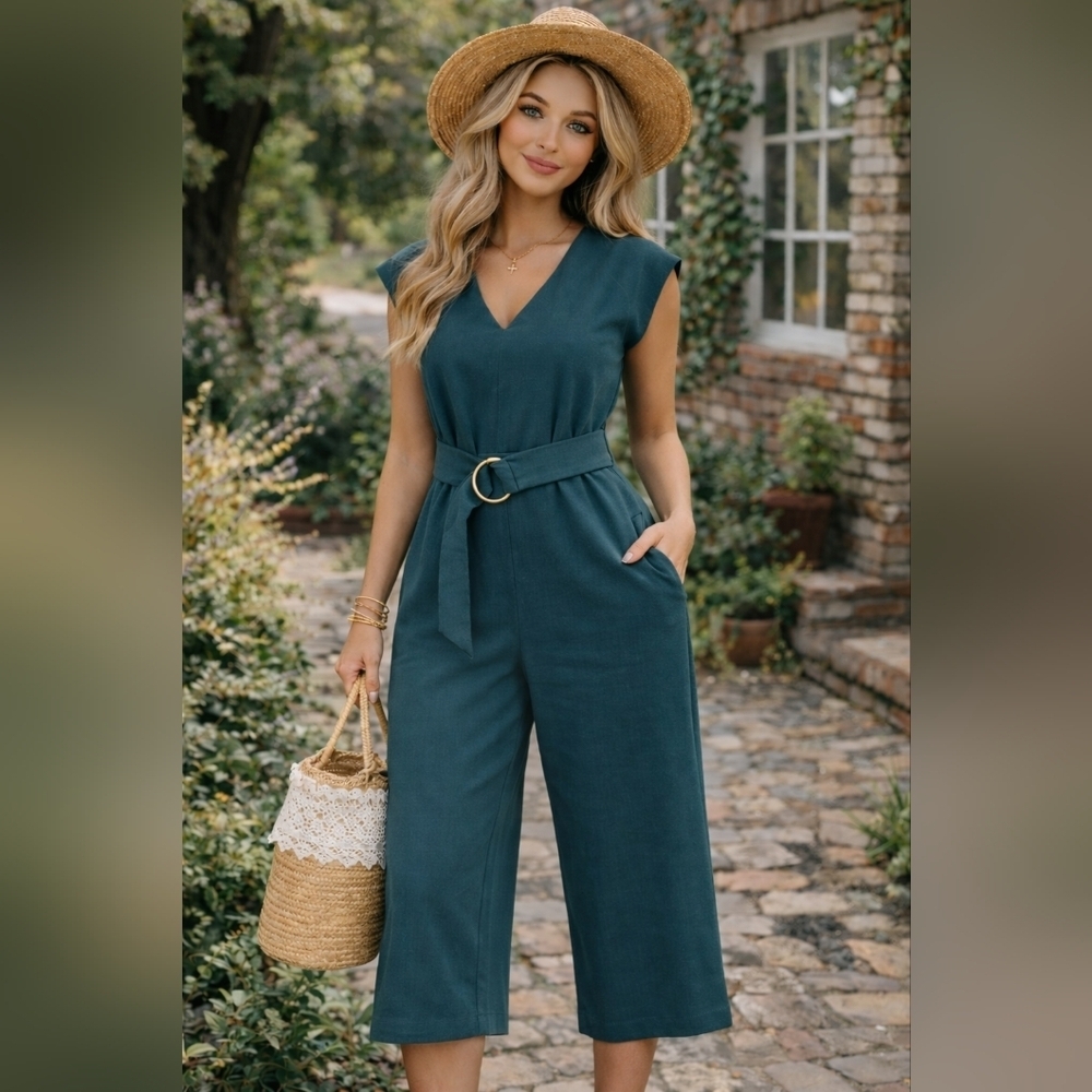 Bishop + Young Belted Jumpsuit Teal Blue-Green City Chic Minimalist One-Piece
